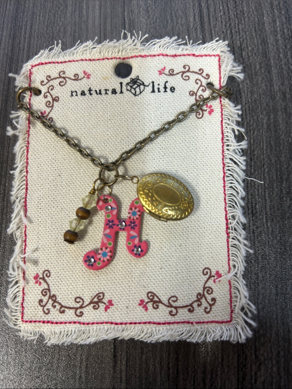 NATURAL LIFE 🍃 Pink Floral 'H' Charm Necklace with Brass Coin Accent
